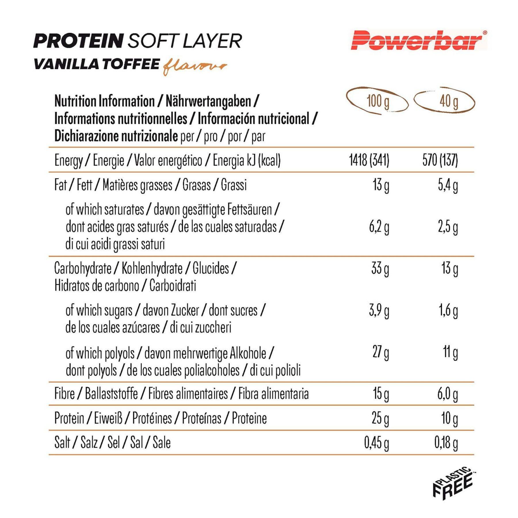 Embalagem de 12 barras nutricionais proteicas PowerBar Soft Layer